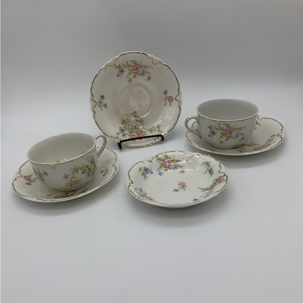 6 Pcs. Antique Johnson Bros. Tea Cup & Saucer Set With Small Sugar Dish - Floral